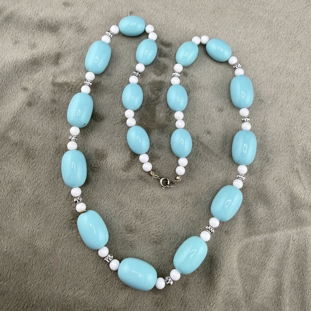 Vintage Estate Necklace Teal White Beaded Acrylic Rhinestone 23 Inch